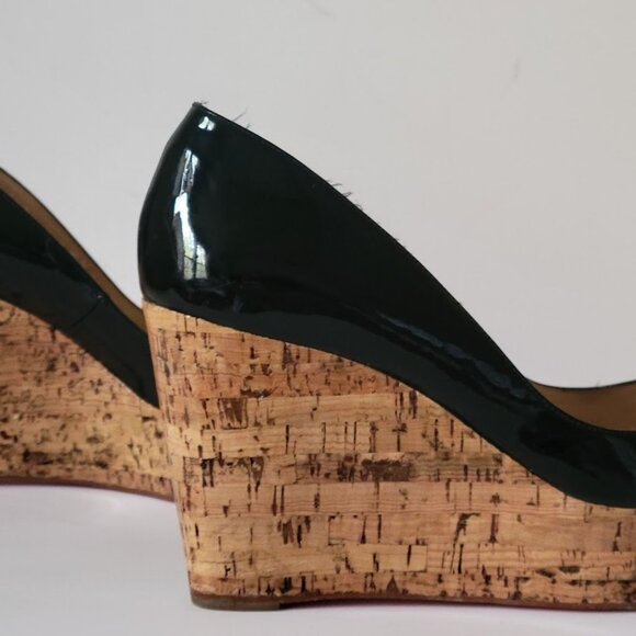 Christian Louboutin Black Patent Leather Peep Toe Cork Sole Platform Wedges - Picture 7 of 14